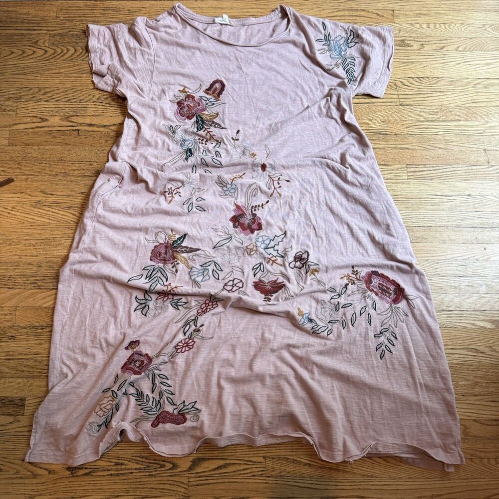 Blue Velvet Midi Shirt Dress Womens L Pink Lagenlook Boho Embroidery 100% Cotton